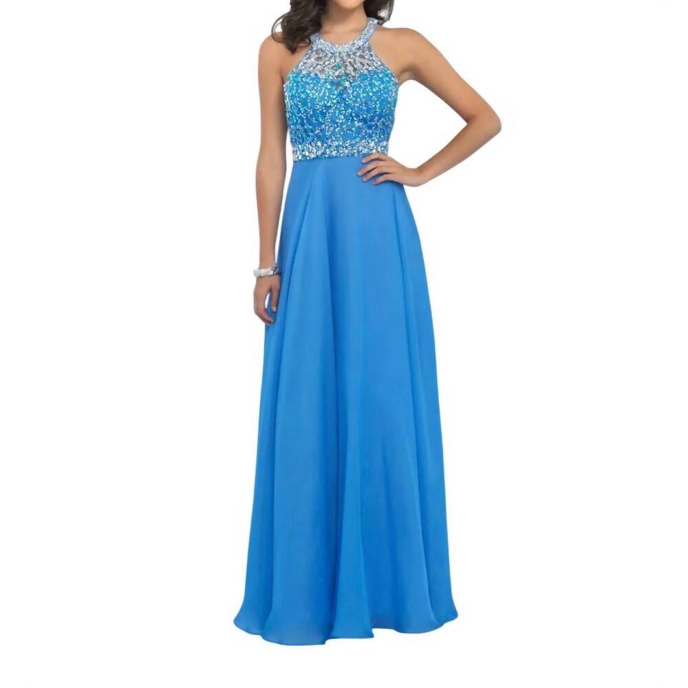 NEW BLUSH PROM beaded bodice high neck gown in iris